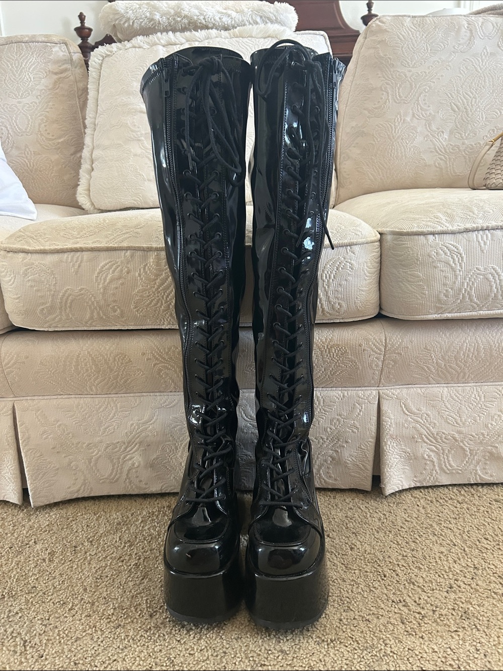 Demonia Black Patent Platform Knee-High Lace-Up Women’s Boots